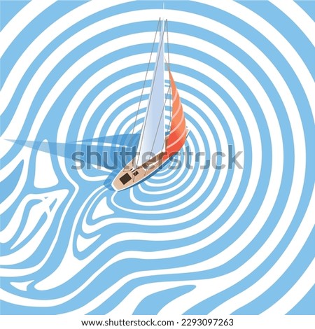 A sailboat sails in blue concentric circles