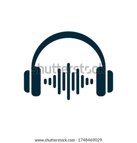Headphones and sound waves on white background. Flat vector headphones design.