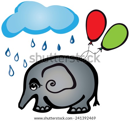 Walking sad elephant with balloons in cartoon style