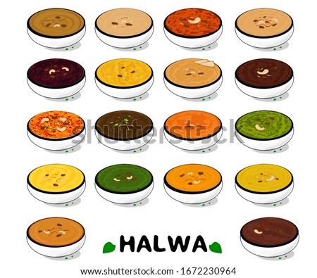 All Halwa like Aloo,badam,beetroot,apple,atta,besan,bread,dates,gajar,gur,kaddu,lauki,mango,mirchi,moong,pineapple,singhara,sooji indian sweet vector