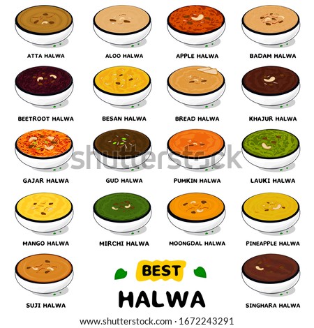 All Halwa like Aloo,badam,beetroot,apple,atta,besan,bread,dates,gajar,gur,kaddu,lauki,mango,mirchi,moong,pineapple,singhara,sooji indian sweet vector