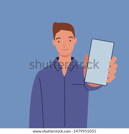 Man shows the smartphone the screen forward. Vector illustration in a flat style