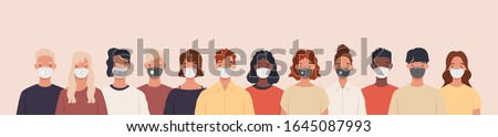 Group of people wearing medical masks to prevent disease, flu, air pollution, contaminated air, world pollution. Vector illustration in a flat style