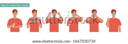 How to wear a mask correct. Man presenting the correct method of wearing a mask,To reduce the spread of germs, viruses and bacteria. Vector illustration in a flat style
