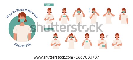 How to wear and remove a mask correct. Women presenting the correct method of wearing a mask,To reduce the spread of germs, viruses and bacteria. Vector illustration in a flat style