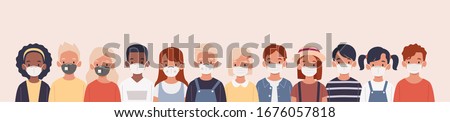 Kids with protection mask flat vector illustrations set. Group of children wearing medical masks to prevent disease, flu, air pollution, contaminated air, world pollution