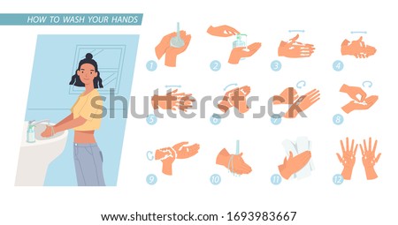 Young woman washing hands. Infographic steps how washing hands properly. prevention against virus and infection. Hygiene concept.  Vector illustration in a flat style