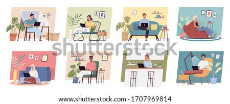 Working at home. Freelance people work in comfortable conditions set vector flat illustration. Freelancer character man and woman working on laptops at home. People at home in quarantine concept
