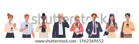 Diverse happy people using mobile phone set. Business men and women holding smartphone for technology or internet communication concept. Vector illustration in a flat style