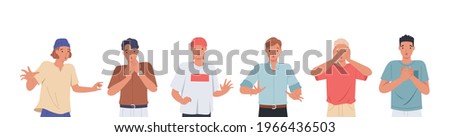 Young men with shocked face expression set. Surprised and amazed person cartoon style vector illustration