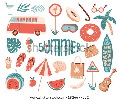 Vector summertime set with summer items: umbrella, snorkeling mask and snorkel, travel car, surfboard, slippers, ice cream, ukulele, exotic fruits. Doodle cartoon illustration
