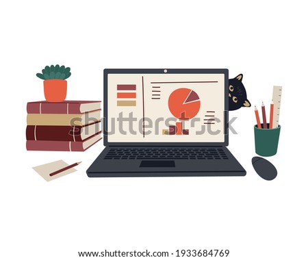 Black Cat Hiding Behind The Laptop. Cat interferes with the work. Vector happy pet owners illustration