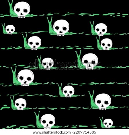 Seamless pattern with snails ans shell in the shape of a skull . Happy halloween design