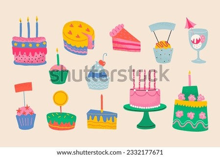 Birthday Cakes, Sweets and Muffins. Textured hand drawn celebrating decoration