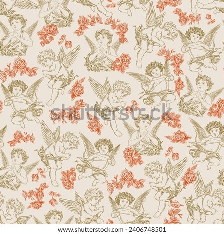 Seamless Pattern with cupids. Happy Valentine's day. Vintage engraving style