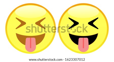 Emoji Squinting Face With Tongue. A yellow face with scrunched, X-shaped eyes and a big grin, sticking out its tongue. Often conveys a sense of fun, excitement, playfulness, hilarity, and happiness.