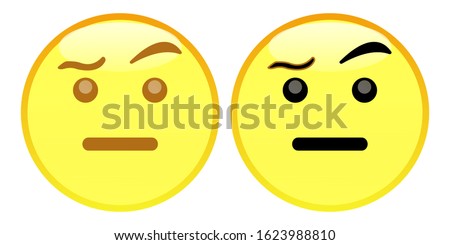 Emoji Face With Raised Eyebrow. A yellow face with a flat, neutral mouth and furrowed eyebrows, its left raised higher than its right. Conveys a wide variety of sentiments, including suspicion.