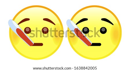 Emoji Face With Thermometer. A yellow face with raised or furrowed eyebrows and a thermometer in its mouth. Often depicted with red cheeks, as if feverish. Cute sick emoticon with a thermometer.