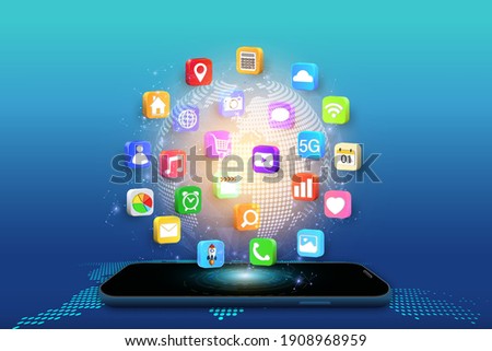 Application on Mobile, smartphone with application icons isolated on global network background as new technology and communication concept. vector illustration.