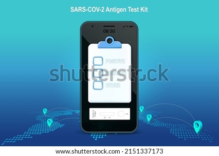 Application ATK test for COVID-19 on Mobile, smartphone with application check list result isolated on global network background as new health and communication concept. vector illustration.