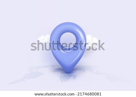 3D map location point marker of map or navigation pin icon sign on isolated cloud background. 3d pin navigation is pastel color with shadow on cloud map direction.3d GPS pin vector render illustration