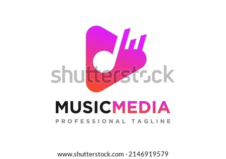 Play Music Media Logo Design vector icon symbol illustration, this is a play button with music icon and beat with colorful gradients looks very creative. This is a very good logo for any music media.