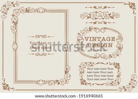 Set of decorative photo frames and ornaments, dividers with flowers in vintage style. Vector illustration.
