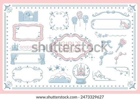 Set of frames and design elements. Dreamy pastel tone girly style with night, moon, stars. Vector illustration.