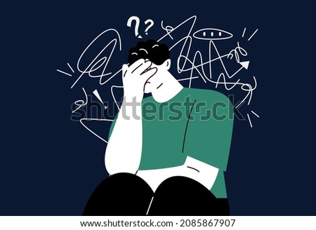 Sad young man having restless stressed expression on face and crying of stress. Obsessive compulsive, anxiety disorder concept. Vector illustration
 Сток-фото © 