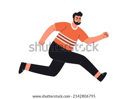 Person running, rushing and trying to succeed in life challenges. Aspirations and fast lifestyle concept. Determined man pushing forward to aim. Flat vector illustration isolated on white background
