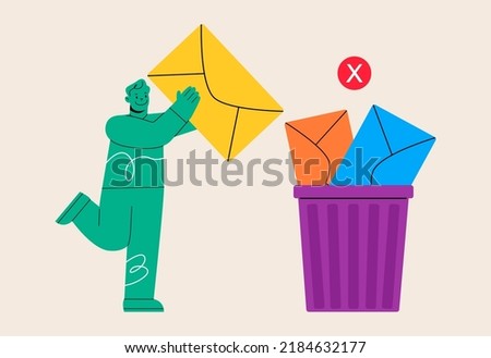 Man deleting data and move unnecessary files to trash bin. Cleaning e-mail, remove spam.  User deleting email to waste bin. Vector illustration
