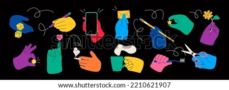 Various hands holding things. Different gestures. Colorful vector illustration. All elements are isolated
