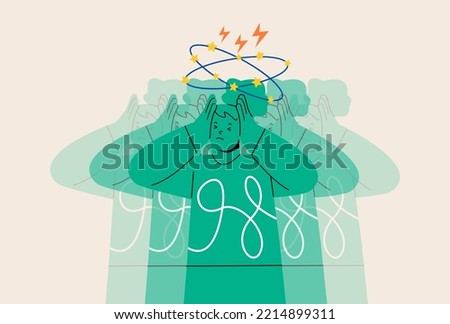 Sad woman having dizzy symptoms.  Dizziness concept. Colorful vector illustration
