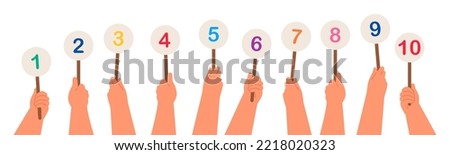 Numbers in hands. Numeric scorecard for judge competition. Jury results. Flat vector illustration isolated on white background.
