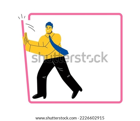 Going beyond limits. Businessman pushing to break boundary box. Flat vector illustration isolated on white background 
