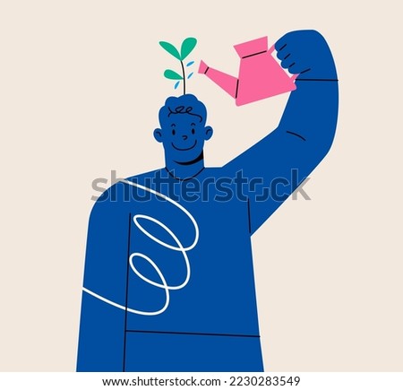 Man learner using watering can to water growing seedling on his head. Self improvement concept. Colorful vector illustration
