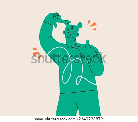 Woman shows a frame from hands like take photography with happy face. Photography concept. Colorful vector illustration
