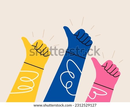 Thumb up hand. Good, great job, well done, ok. Concept of approval, agreement. Colorful vector illustration
