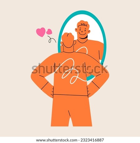 Smiling young man looking at herself in mirror. Self-love and narcissism concept. Psychological problem. Colorful vector illustration
