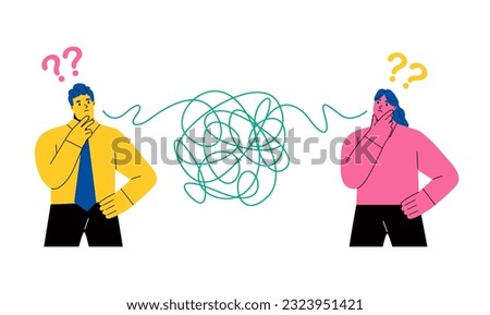 Business man and woman have troubles with understanding each other. Problems in communication concept. Flat vector illustration isolated on white background