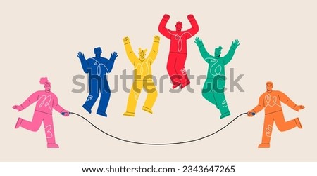 Group of people jump with skipping rope. Fitness exercise with jumping rope. Colorful vector illustration
