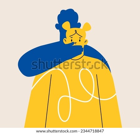 The hand covers the woman mouth. Abuse or domestic violence concept. Colorful vector illustration 

