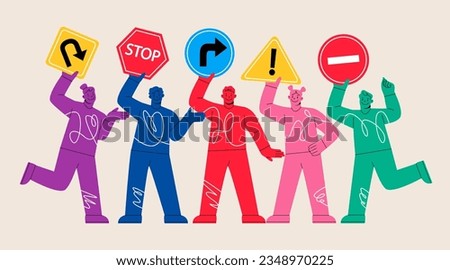 Group of people holding traffic road signs such as stop, u turn, turn right, caution, and no entry sign. Colorful vector illustration
