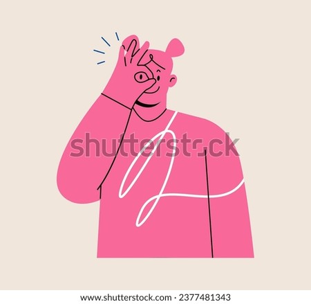 Young happy woman smiling doing ok sign with hand on eye looking through fingers. Colorful vector illustration
