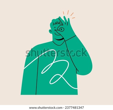 Young happy man smiling doing ok sign with hand on eye looking through fingers. Colorful vector illustration
