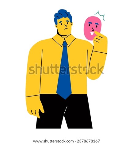 Unhappy business man mask to pretend to be positive. Flat vector illustration isolated on white background
