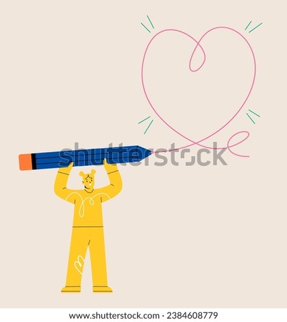 Girl holds a large pencil makes a speech bubble design. Colorful vector illustration


