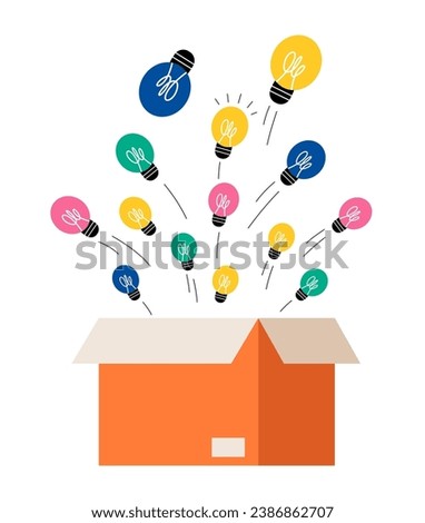 Lightbulbs flying out of open carton Box. Sharing ideas concept. Colorful vector illustration 
