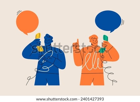 Two man are talking to each other on the phone. Communication by landline phone. Colorful vector illustration 
