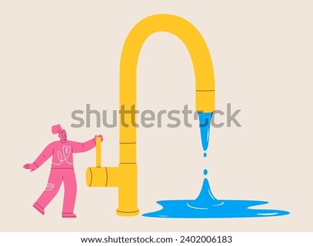 Save water concept. Woman closes a water tap. Colorful vector illustration
